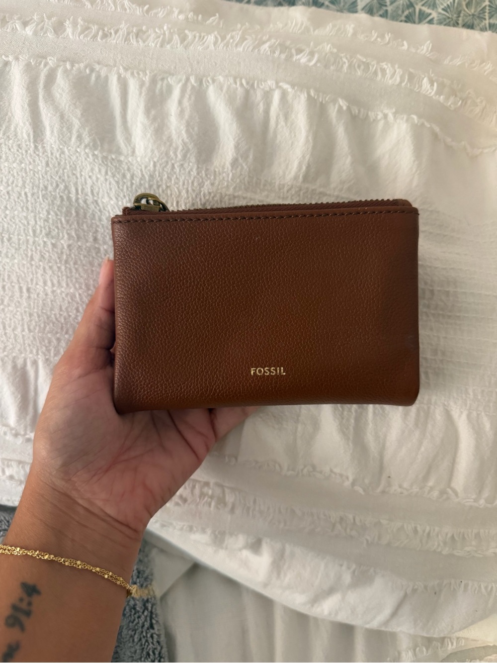 Fossil Cognac Brown Pebbled Leather Zip Card Pouch